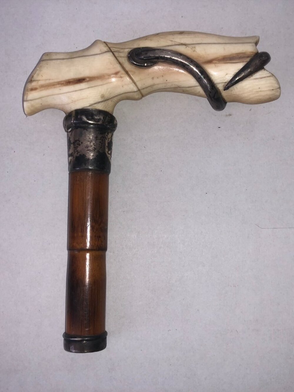 Hand Carved Victorian Walking Stick Handle with Sterling Silver